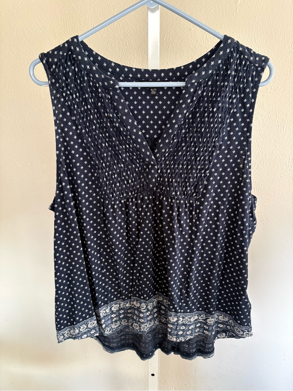 Lucky Brand Navy and Cream Printed V-Neck Smocked Camisole